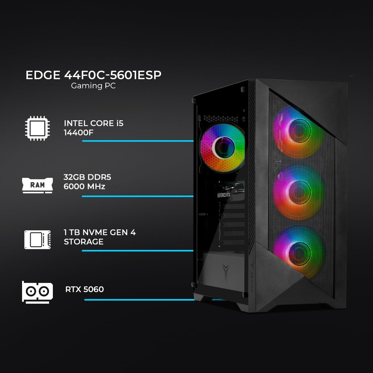 YEYIAN Gaming PC Edge – RTX 5060 8 Go GDDR7, 32 Go DDR5