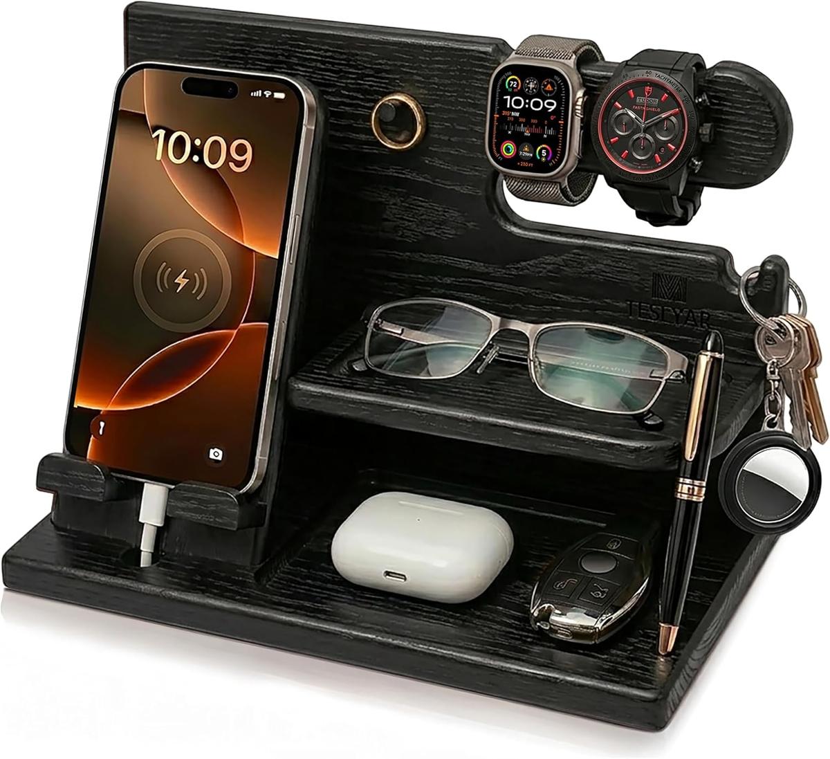 TESLYAR Wood Phone Docking Station – Station de Charge en Bois