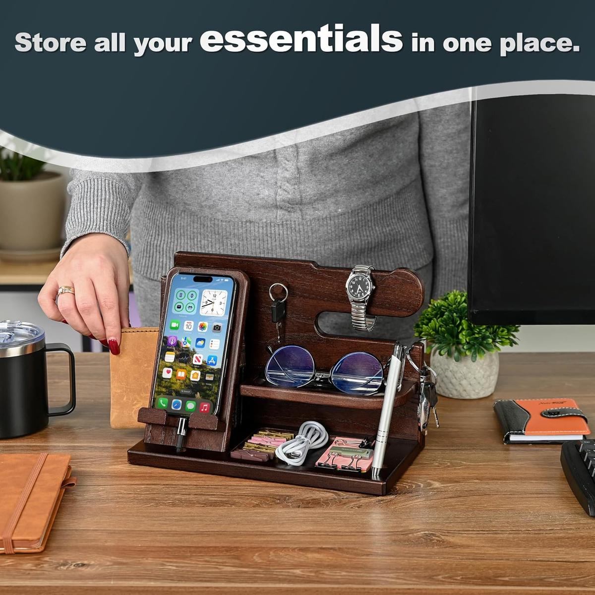 TESLYAR Wood Phone Docking Station – Station de Charge en Bois